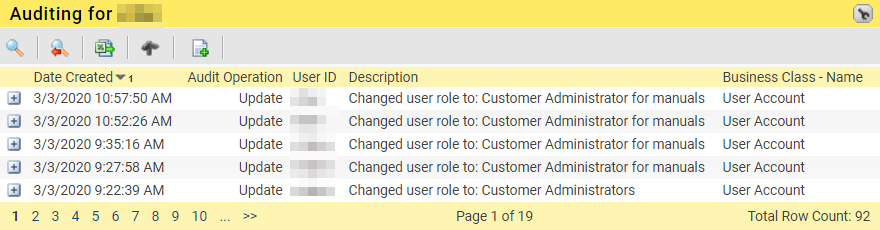 This example shows the event Change user role for a user. Note: The password will never be visible.