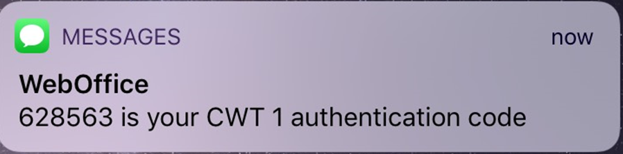 Example of an SMS with the code and the terminal ID to use it on