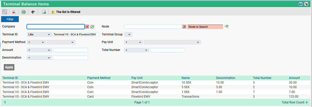 PAge pre-filtered from the Terminal Balance page