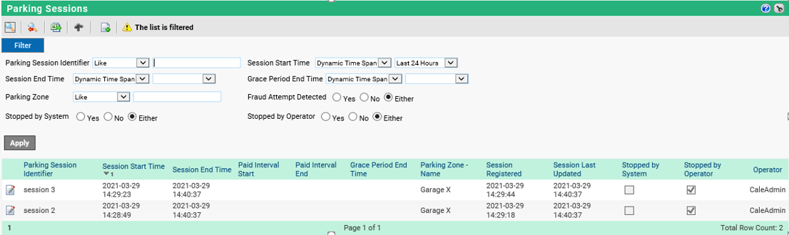 Parking Sessions list