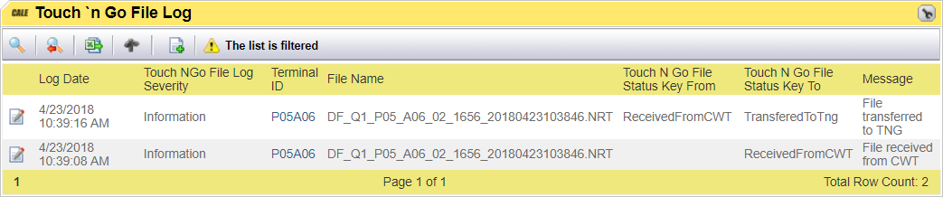 TNG file in the log displaying the Received from CWT status and transferred to TNG status