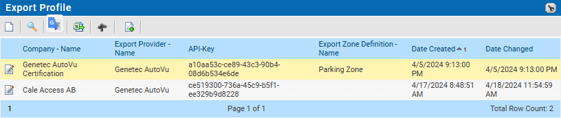 Export profile list page
