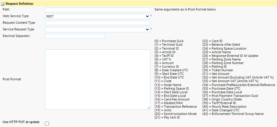 Figure 2, Create a Service Provider - step 2 - Request definition. Not all the Variables may be listed