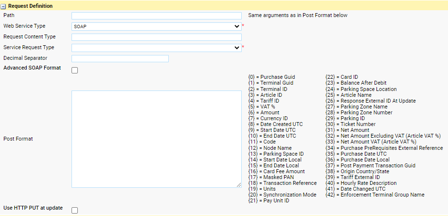 Figure 6, Create a Service Provider - step 2 - Request definition. Not all the Variables may be listed
