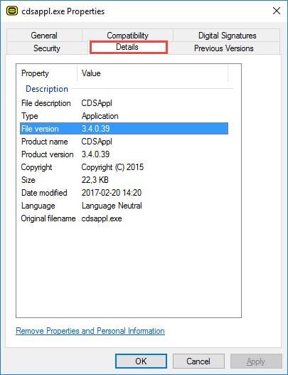 The file version row will list the CWT application version
