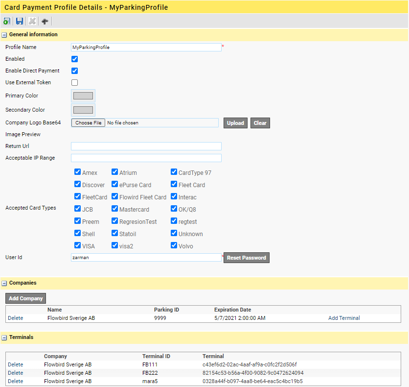 Example of a card payment profile