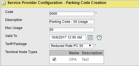 Parking codes provider config