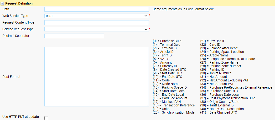 Figure 7, Create a Service Provider - step 2 - Request definition. Not all the Variables may be listed