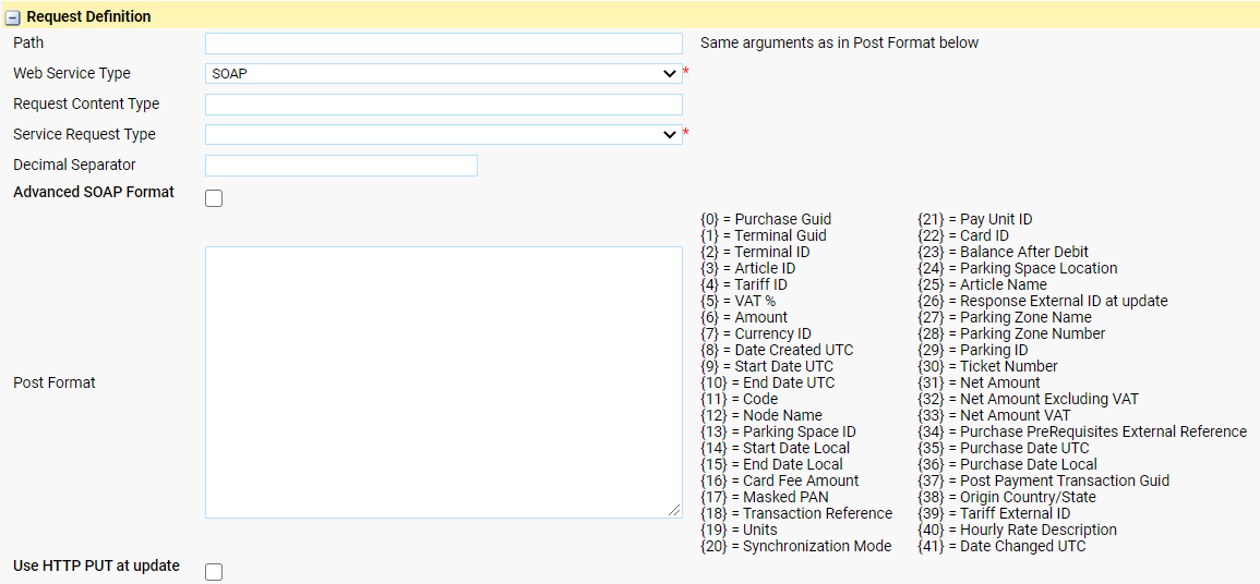 Figure 11, Create a Service Provider - step 2 - Request definition. Not all the Variables may be listed