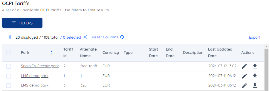 AMT OCPI tariffs