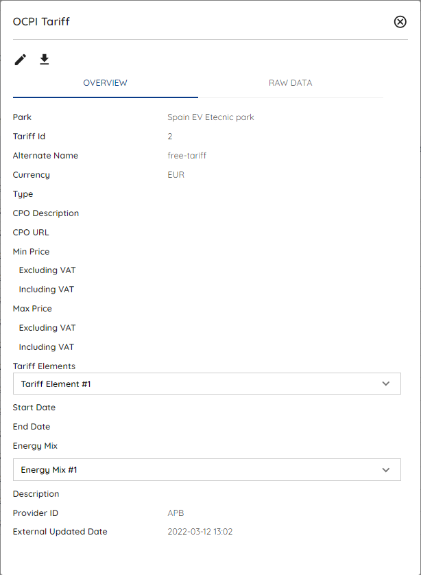 AMT OCPI tariff detals