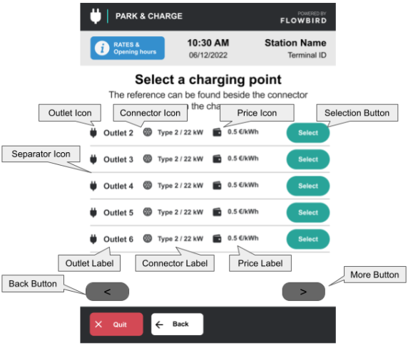 EV charging selection screen